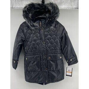 London Fog Girls Hooded Puffer Quilted Jacket, Size 6X Black Faux Fur NWT
